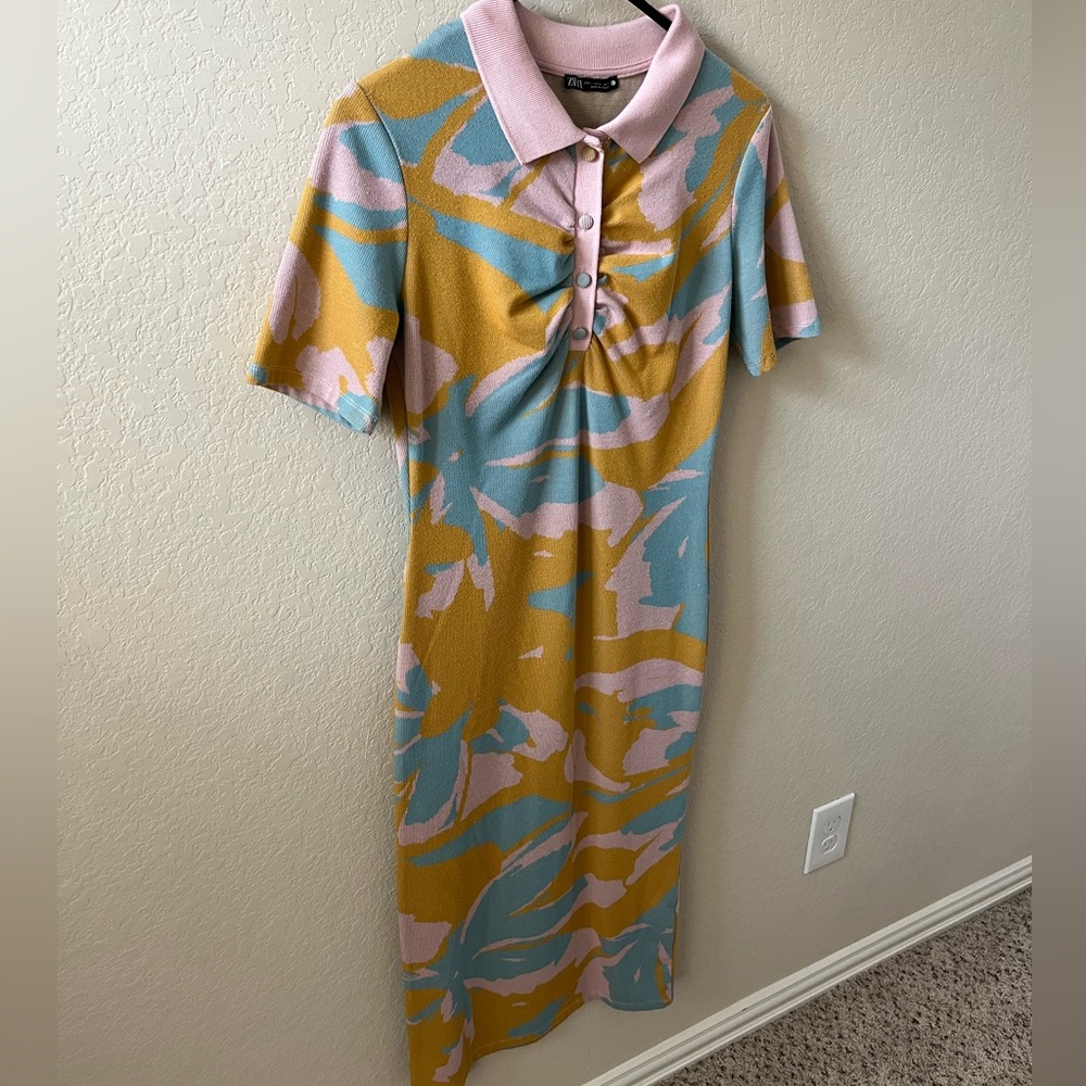 Zara Women’s Jacquard Knit Polo Midi Dress Size S Pink Blue Orange - Picture 7 of 12